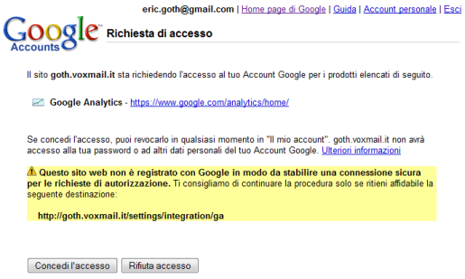 Autorizzazione Google Analytics